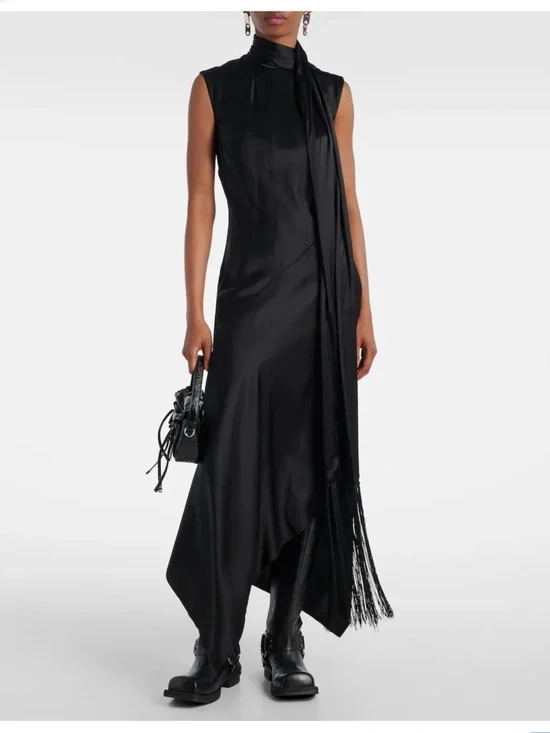 Acne Black Satin Midi Dress with Draped Scarf - Picture 2 of 10